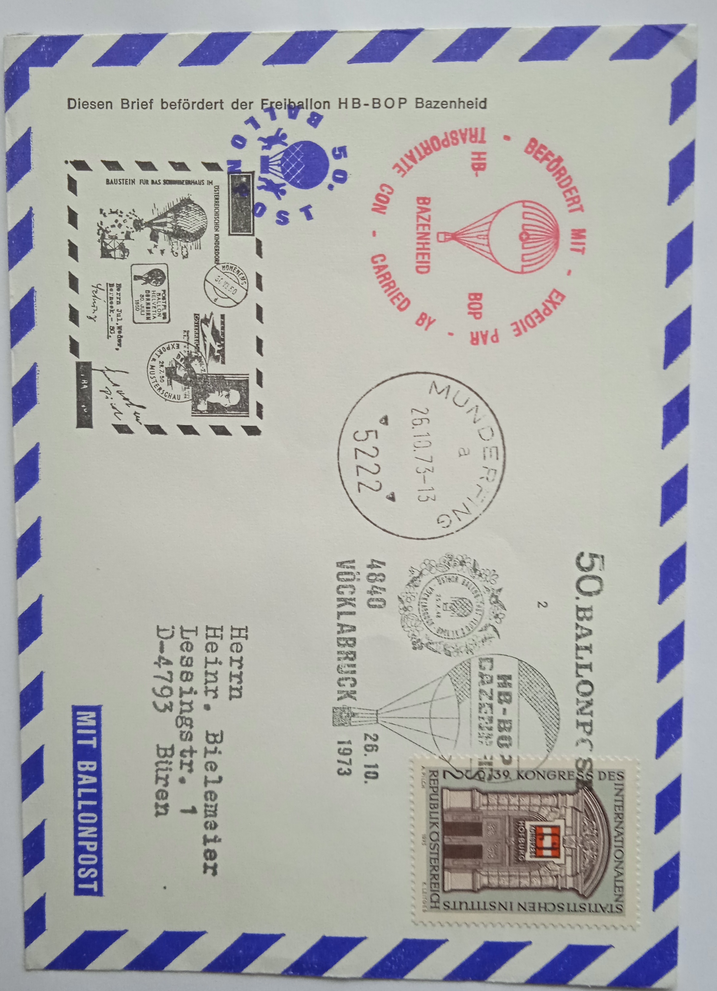 Obálka balonová pošta Rakousko